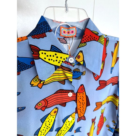 NWT LHD Star Island Blouse Shirt Silk Blue Corsican Trout Print Fish Colorful 4 - Picture 8 of 12